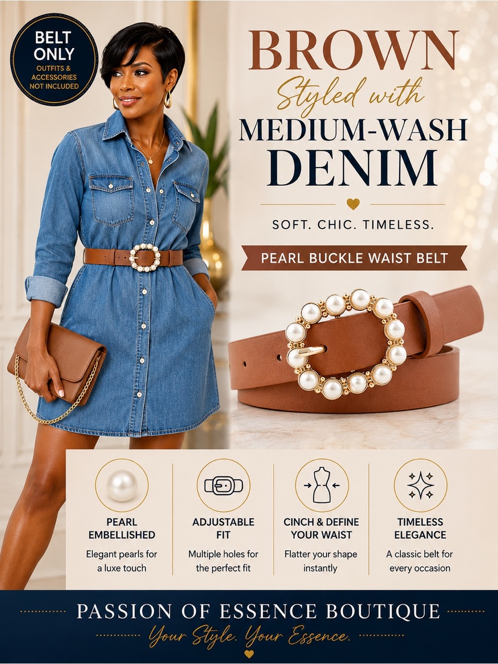 Elegant Brown Faux Leather Belt with Pearl-Embellished Oval Buckle